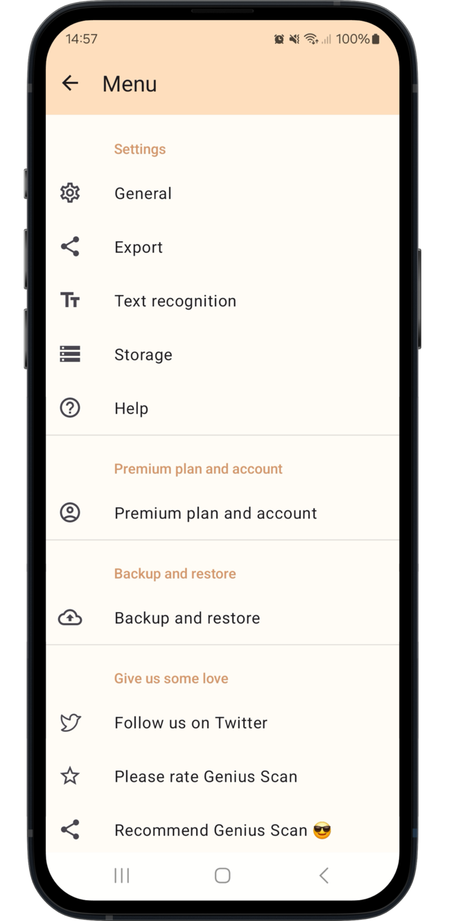 The Settings page shows the different Genius Scan features and settings