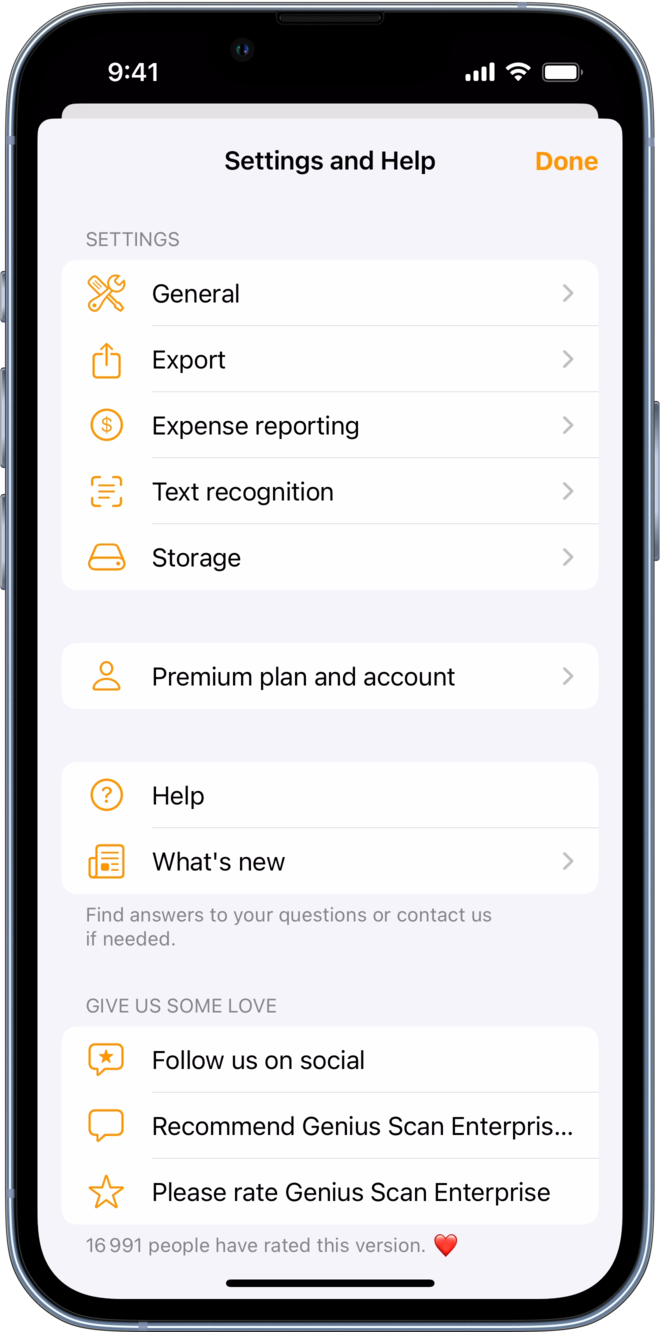 The Settings page shows the different Genius Scan features and settings
