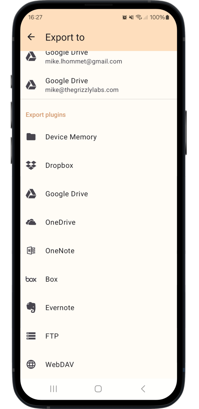 WebDAV is in the list of export plugins